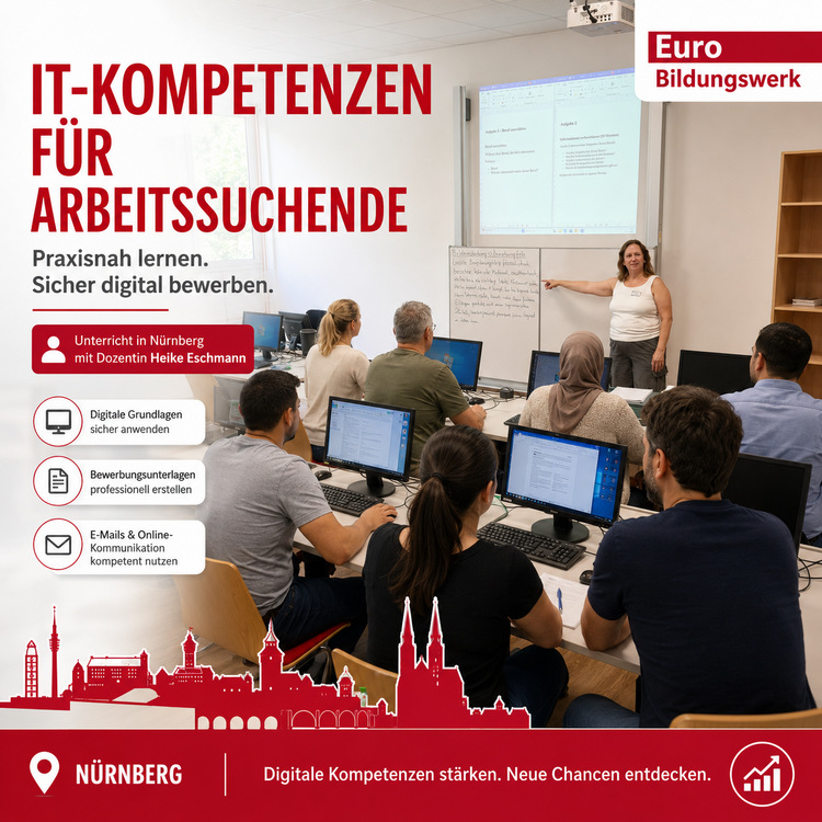 Werbegrafik des Euro-Bildungswerks für einen IT-Kurs in Nürnberg. Eine Dozentin erklärt einer Gruppe von Arbeitssuchenden in einem Computerraum digitale Grundlagen, Bewerbungsunterlagen sowie E-Mail- und Online-Kommunikation.