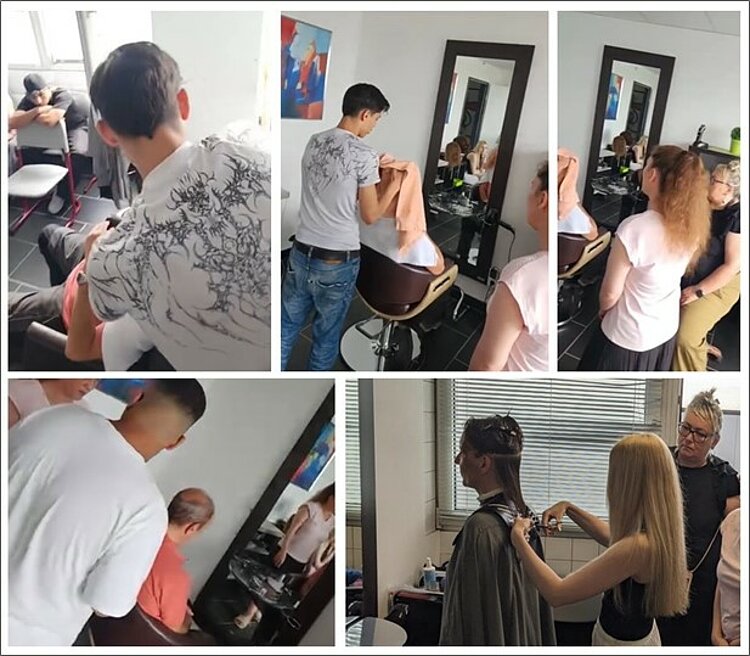 Eine Kollage verschiedener Bilder, auf denen junge Leute einer Person die Haare schneiden.