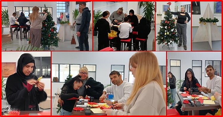 Collage aus mehreren Fotos: In einem hellen Raum dekorieren Teilnehmende gemeinsam Weihnachtsbäume und Basteltische, schneiden und kleben rote und gelbe Papierdekorationen und arbeiten konzentriert in Kleingruppen an weihnachtlicher Deko.