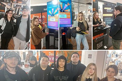 Collage vom Jobfestival in einem Einkaufszentrum: Mehrere Jugendliche informieren sich an Messeständen, nutzen ein digitales Glücksrad, führen Gespräche mit Ausstellenden und posieren gemeinsam für ein Gruppenfoto.