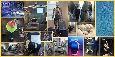 Jugendliche entdecken das Museum der Zukunft in Nürnberg Ein Collage-Bild, das verschiedene Exponate und Szenen aus einem futuristischen Museum zeigt. Zu sehen sind unter anderem ein humanoider Roboter, verschiedene interaktive Displays, ein selbstfahrendes Auto, ein globusähnliches Objekt, ein Roboterhund, ein Terminator-Kopf, ein weißes Plüschtier, ein futuristisches Trinkgefäß und Besucher, die sich die Ausstellungen ansehen und an interaktiven Stationen arbeiten. Das Bild vermittelt einen Eindruck von modernster Technologie und innovativen Erfindungen.