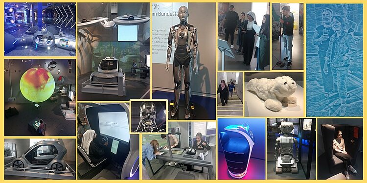 Jugendliche entdecken das Museum der Zukunft in Nürnberg Ein Collage-Bild, das verschiedene Exponate und Szenen aus einem futuristischen Museum zeigt. Zu sehen sind unter anderem ein humanoider Roboter, verschiedene interaktive Displays, ein selbstfahrendes Auto, ein globusähnliches Objekt, ein Roboterhund, ein Terminator-Kopf, ein weißes Plüschtier, ein futuristisches Trinkgefäß und Besucher, die sich die Ausstellungen ansehen und an interaktiven Stationen arbeiten. Das Bild vermittelt einen Eindruck von modernster Technologie und innovativen Erfindungen.