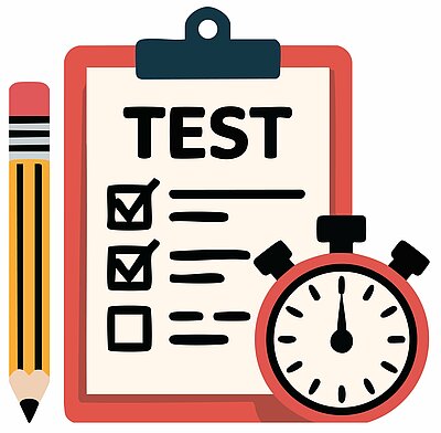 Die Illustration eines Tests auf einem Klemmbrett mit Bleistift und Stoppuhr.