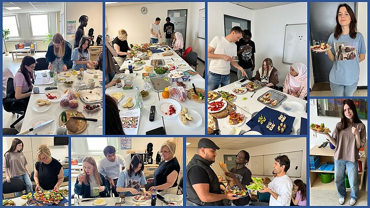 Ein Hoch auf den hohen Besuch – und auf die Häppchen! Eine Collage von Bildern, die eine Gruppe von Menschen bei einem kulinarischen Workshop zeigt. Die Teilnehmer bereiten gemeinsam verschiedene Speisen zu, schneiden Zutaten, belegen Brote und genießen das Essen. Es sind mehrere Tische mit einer Vielzahl von Lebensmitteln und Gerichten zu sehen. Die Teilnehmer interagieren miteinander, lachen und scheinen eine gute Zeit zu haben. Einige Personen präsentieren stolz ihre kulinarischen Kreationen. Die Atmosphäre wirkt gesellig und einladend.