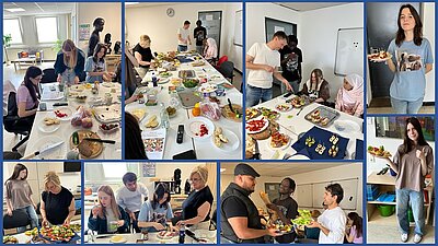 Ein Hoch auf den hohen Besuch – und auf die Häppchen! Eine Collage von Bildern, die eine Gruppe von Menschen bei einem kulinarischen Workshop zeigt. Die Teilnehmer bereiten gemeinsam verschiedene Speisen zu, schneiden Zutaten, belegen Brote und genießen das Essen. Es sind mehrere Tische mit einer Vielzahl von Lebensmitteln und Gerichten zu sehen. Die Teilnehmer interagieren miteinander, lachen und scheinen eine gute Zeit zu haben. Einige Personen präsentieren stolz ihre kulinarischen Kreationen. Die Atmosphäre wirkt gesellig und einladend.