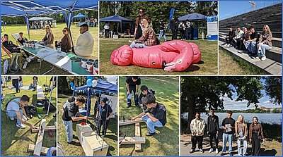 Fotocollage mit Eindrücken eines Aktionstags im Freien: Junge Erwachsene besuchen verschiedene Informations- und Mitmachstände, arbeiten gemeinsam an Holzkonstruktionen, sitzen auf einer Tribüne und posieren für ein Gruppenfoto am Mainufer. Eine weitere Aufnahme zeigt eine Teilnehmerin neben einer großen pinkfarbenen aufblasbaren Figur.