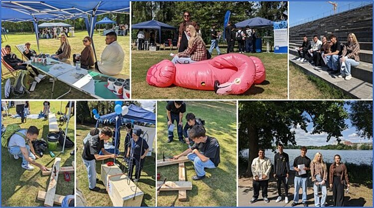 Fotocollage mit Eindrücken eines Aktionstags im Freien: Junge Erwachsene besuchen verschiedene Informations- und Mitmachstände, arbeiten gemeinsam an Holzkonstruktionen, sitzen auf einer Tribüne und posieren für ein Gruppenfoto am Mainufer. Eine weitere Aufnahme zeigt eine Teilnehmerin neben einer großen pinkfarbenen aufblasbaren Figur.