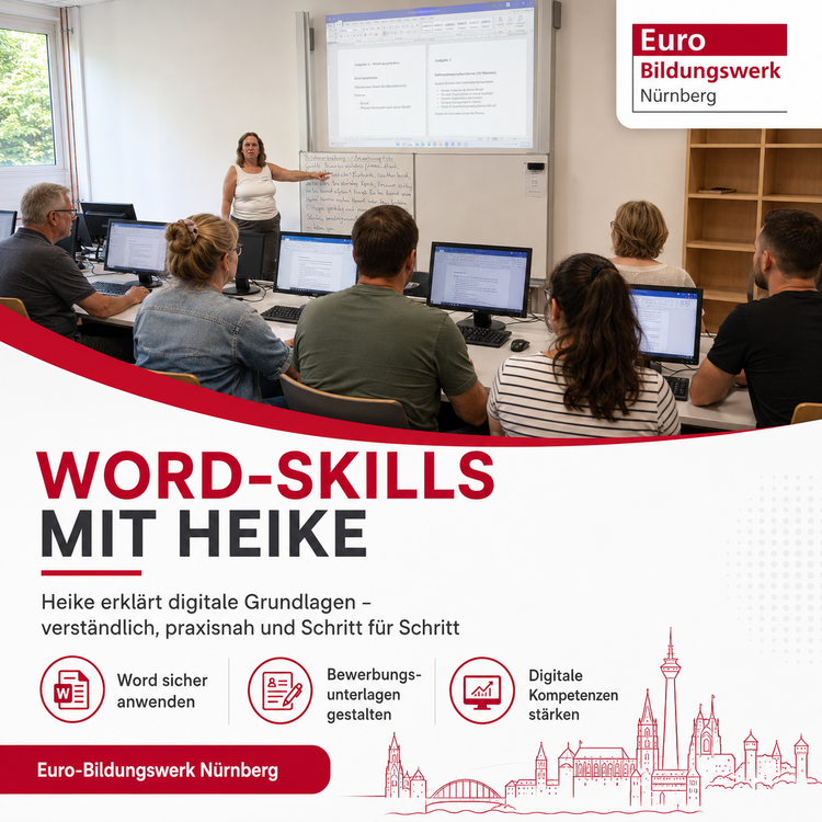 Werbegrafik des Euro-Bildungswerks Nürnberg zum Thema Word-Kompetenzen. Eine Dozentin unterrichtet Teilnehmende an Computern und vermittelt den sicheren Umgang mit Word, die Gestaltung von Bewerbungsunterlagen und grundlegende digitale Fähigkeiten.