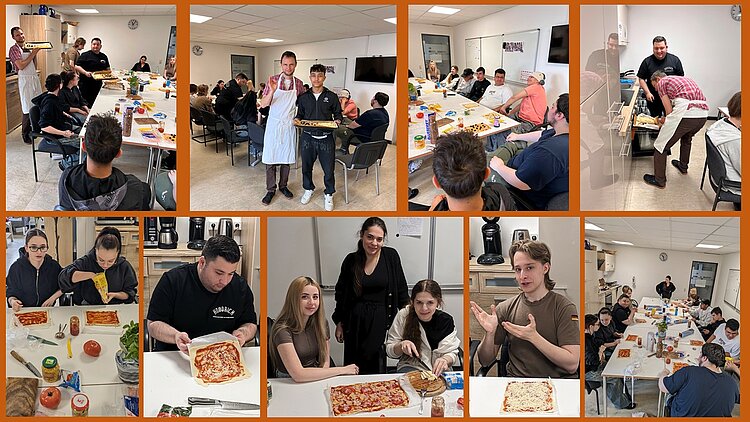 Collage aus neun Fotos, die eine gemütliche Koch- und Backaktion in einem Gemeinschaftsraum zeigen. Im Mittelpunkt stehen Personen, die gemeinsam Pizza zubereiten: Einige kneten Teig, andere belegen Pizzen oder schneiden Zutaten. Es sind sowohl Einzelpersonen als auch Gruppen bei der Arbeit zu sehen, alle in einer entspannten Atmosphäre. Im Hintergrund sind Küchengeräte, Tische mit Zutaten und eine Tafel an der Wand sichtbar.