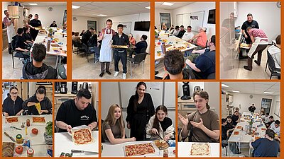 Collage aus neun Fotos, die eine gemütliche Koch- und Backaktion in einem Gemeinschaftsraum zeigen. Im Mittelpunkt stehen Personen, die gemeinsam Pizza zubereiten: Einige kneten Teig, andere belegen Pizzen oder schneiden Zutaten. Es sind sowohl Einzelpersonen als auch Gruppen bei der Arbeit zu sehen, alle in einer entspannten Atmosphäre. Im Hintergrund sind Küchengeräte, Tische mit Zutaten und eine Tafel an der Wand sichtbar.