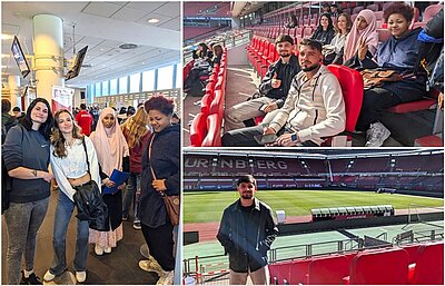 Collage aus drei Bildern mit weiblichen und männlichen Teilnehmenden der Werkstattschule der EBW, die die Azubi-Messe im Max Morlock Fussballstation des 1. FCN besuchten. Sie stehen im großen Foyer des Stations und sitzen auf roten Plastikstühlen im großen Station und posieren für Bilder.