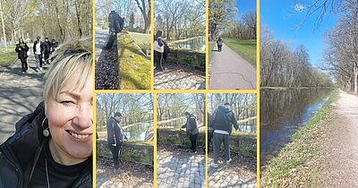 Mehrere Szenen zeigen Menschen, die auf einem Weg neben einem Fluss oder Kanal spazieren. Die Umgebung ist von kahlen Bäumen und grünem Gras geprägt, der Himmel ist blau und wolkenlos. Einzelne Personen tragen dunkle Kleidung und sind teilweise mit Rucksäcken unterwegs. In einer Szene beugt sich eine Person über ein Geländer, das den Weg vom Wasser trennt. Die Bildkomposition besteht aus mehreren nebeneinander angeordneten Ausschnitten, die verschiedene Perspektiven des Spaziergangs zeigen. Ein Bereich ist unscharf und verdeckt.