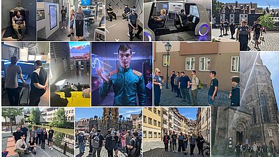 Bildcollage eines Ausflugs ins Deutsche Museum Nürnberg – Das Zukunftsmuseum: Zu sehen sind Teilnehmende bei interaktiven Stationen, VR-Erlebnissen und Simulatoren sowie bei einem Rundgang durch Nürnberg mit historischen Gebäuden und Sehenswürdigkeiten.