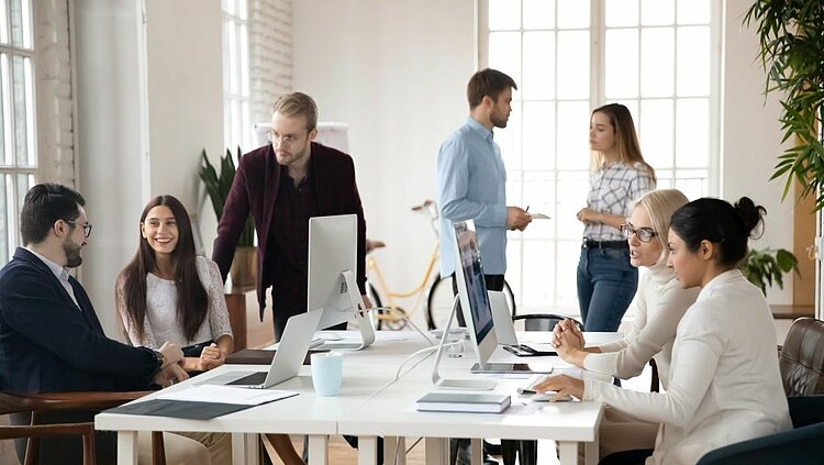 Eine Gruppe von sechs Personen arbeitet und unterhält sich in einem hellen, modernen Büro mit großen Fenstern, Computern und einer entspannten Atmosphäre.