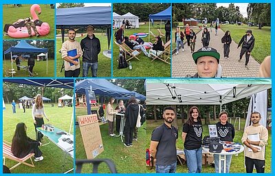 Auf der Collage sieht man verschiedene Fotos, die auf der Liegewiese des Nürnberger Clubbads aufgenommen wurden. Es ist ein regnerischer Tag und die Personen auf den Bilder befinden sich meistens unter kleinen Partyzelten, wo sie sich über Ausbildungen beraten lassen. Auf einem Bild liegen die Maßnahmenteilnehmer*innen erschöpft auf einem aufblasbaren pinken Pelikan, um sich auszuruhen.