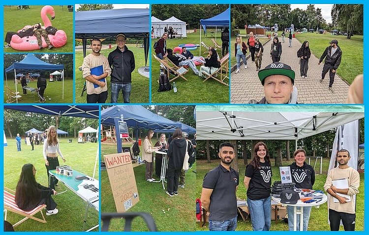 Auf der Collage sieht man verschiedene Fotos, die auf der Liegewiese des Nürnberger Clubbads aufgenommen wurden. Es ist ein regnerischer Tag und die Personen auf den Bilder befinden sich meistens unter kleinen Partyzelten, wo sie sich über Ausbildungen beraten lassen. Auf einem Bild liegen die Maßnahmenteilnehmer*innen erschöpft auf einem aufblasbaren pinken Pelikan, um sich auszuruhen.