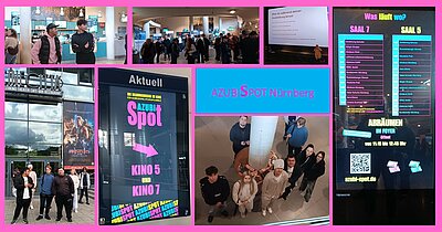 Bildcollage zum Besuch der Ausbildungsmesse AzubiSpot Nürnberg im Cinecittà: Zu sehen sind Teilnehmende im Kinofoyer, bei einer Präsentation, vor Infotafeln und beim gemeinsamen Rundgang durch das Gebäude.