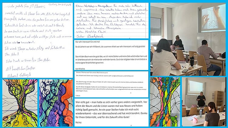Optimal auf eine Umschulung oder Weiterbildung vorbereiten Bildcollage aus handschriftlichen Texten, gemalten Bildern und Fotos aus dem Workshop zum Thema "Neurografik"