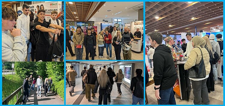 Fünf Farbfotos sind in einer Collage angeordnet und durch blaue Linien voneinander getrennt. Die Bilder zeigen verschiedene Gruppen junger Menschen in Innen- und Außenbereichen. In den Innenaufnahmen stehen oder gehen Jugendliche in Freizeitkleidung durch eine Halle mit Messeständen, an denen Plakate und Informationsmaterialien sichtbar sind. Einige Personen unterhalten sich, andere beobachten die Umgebung. Auf einem Bild im Freien gehen mehrere Jugendliche auf einem Gehweg durch eine grüne Parklandschaft. Die Lichtverhältnisse sind überwiegend hell, die Stimmung wirkt geschäftig und interessiert.