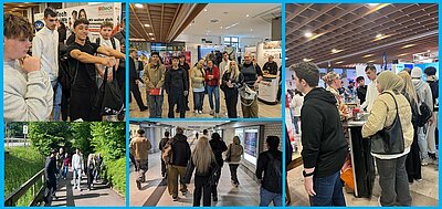 Fünf Farbfotos sind in einer Collage angeordnet und durch blaue Linien voneinander getrennt. Die Bilder zeigen verschiedene Gruppen junger Menschen in Innen- und Außenbereichen. In den Innenaufnahmen stehen oder gehen Jugendliche in Freizeitkleidung durch eine Halle mit Messeständen, an denen Plakate und Informationsmaterialien sichtbar sind. Einige Personen unterhalten sich, andere beobachten die Umgebung. Auf einem Bild im Freien gehen mehrere Jugendliche auf einem Gehweg durch eine grüne Parklandschaft. Die Lichtverhältnisse sind überwiegend hell, die Stimmung wirkt geschäftig und interessiert.
