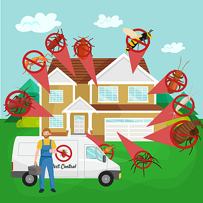 Eine Illustration eines großen Hauses, vor dem ein weißer Lieferwagen und ein Handwerker in blauer Latzhose stehen. Um das Haus herum sind rote Kreis angeordnet mit verschiedenen Insekten, die durchstrichen sind und die Beseitigung von Schädlingen illustrieren.