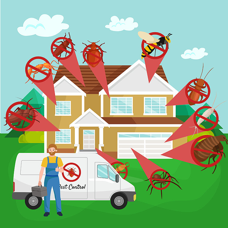 Eine Illustration eines großen Hauses, vor dem ein weißer Lieferwagen und ein Handwerker in blauer Latzhose stehen. Um das Haus herum sind rote Kreis angeordnet mit verschiedenen Insekten, die durchstrichen sind und die Beseitigung von Schädlingen illustrieren.