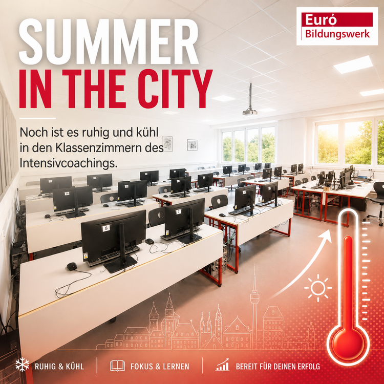 Ein Klassenzimmer voller Computer. Die Farbgebung ist leicht rötlich und rechts unten ist ein rotes Thermometer. Links oben steht "Summer in the City".